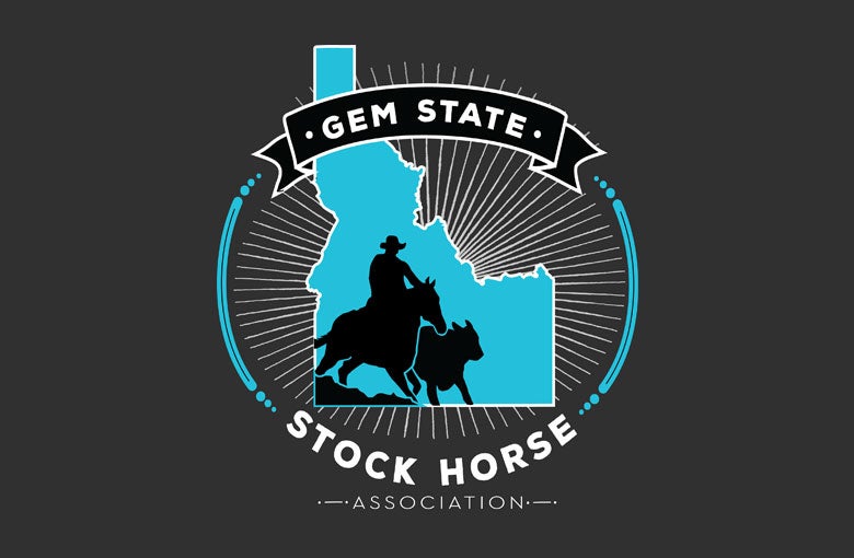 Logo for Gem State Stock Horse Association, featuring a rider on a horse over the outline of Idaho.