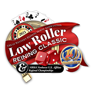 Logo for Low Roller Reining Classic, with a casino-themed design including dice and poker chips.