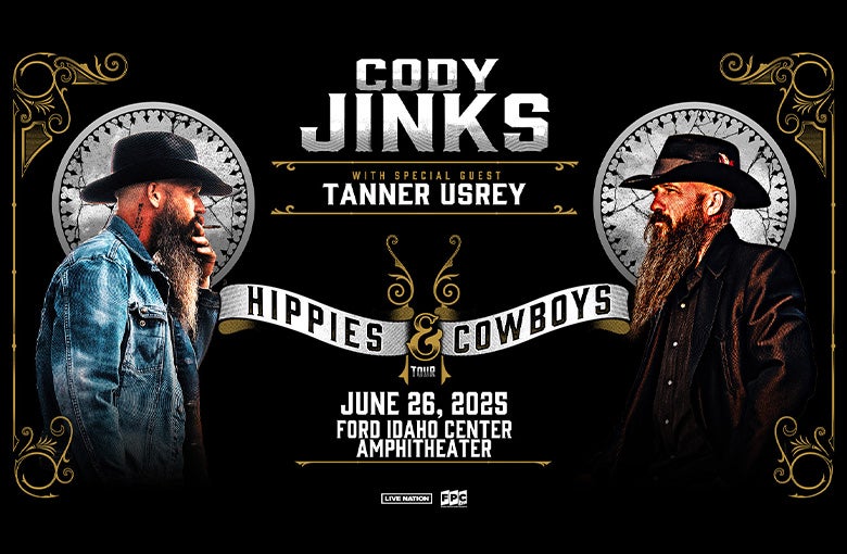 Event poster for Cody Jinks featuring Tanner Usrey, promoting the Hippies and Cowboys concert.