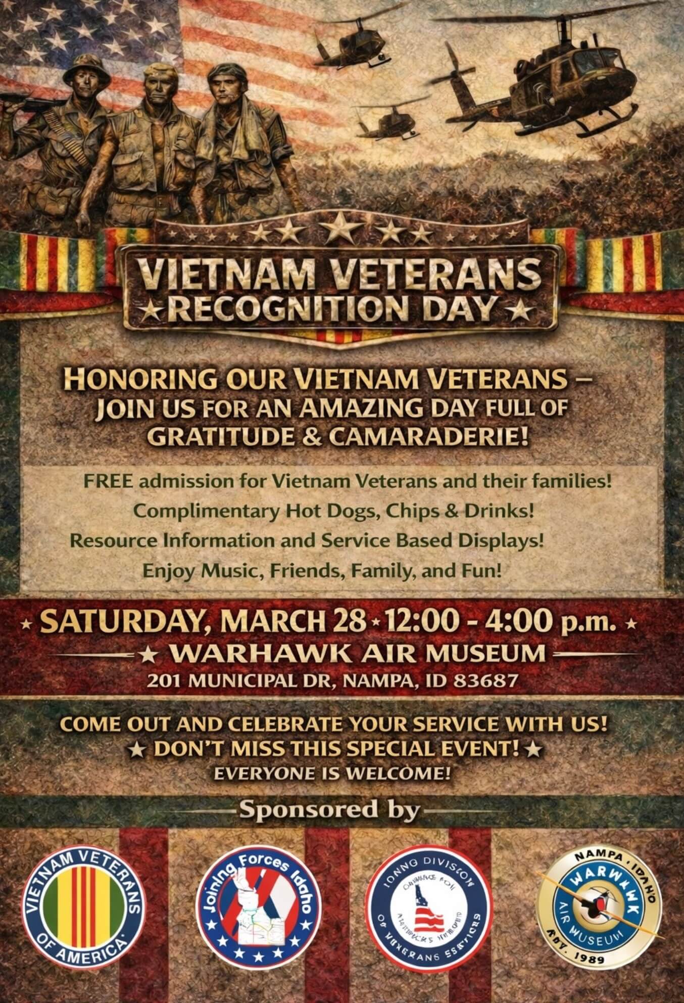 Vietnam Veterans Recognition Day poster for March 28 at Warhawk Air Museum. Free entry for veterans.