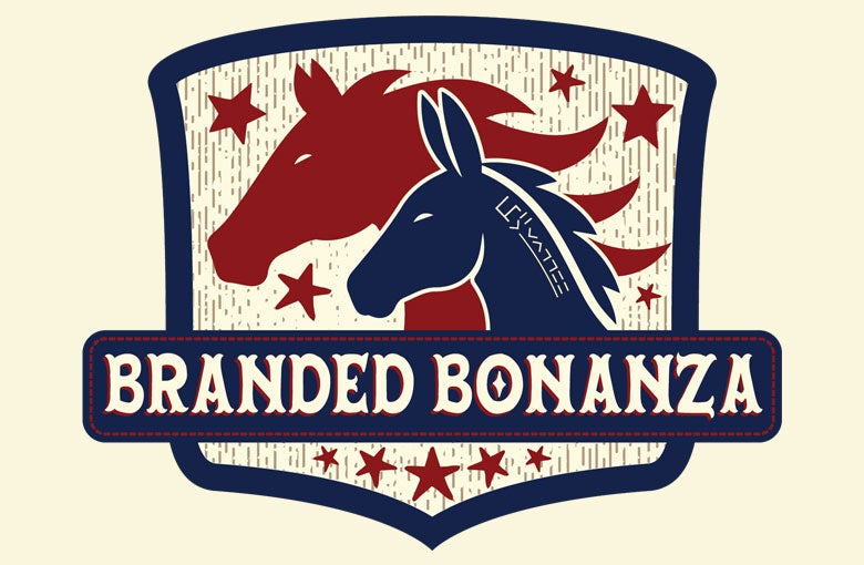 Logo for Branded Bonanza, featuring a horse and a donkey with a patriotic design.