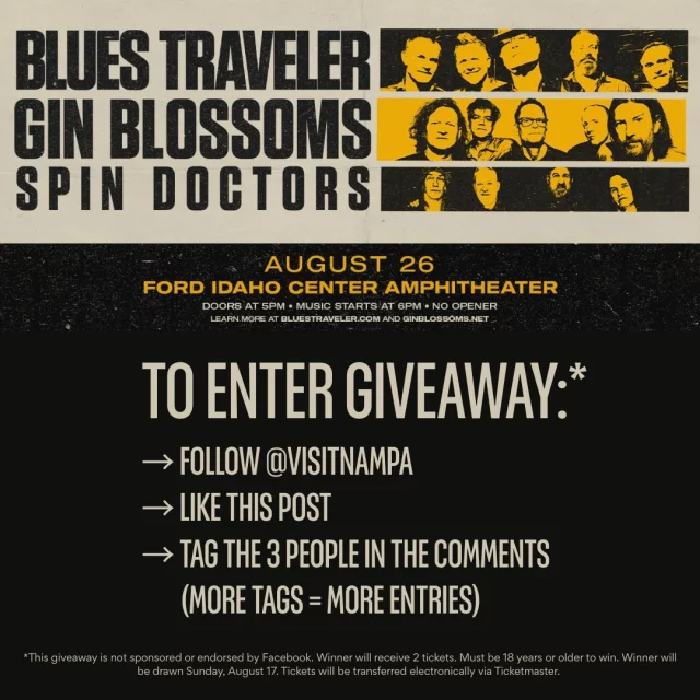 Home → CONCERT TICKET GIVEAWAY ←
Our weekly concert giveaway continues! 🙌 We are giving away two tickets to @bluestraveler and @ginblossomsaz Nampa, Idaho show at the@fordidahocenter on August 26.
🎉TO ENTER GIVEAWAY:
→ Follow us, @visitnampa
→ Like this post�
→ Tag the 3 people you’d love to take with you in the comments.
🤫Pssst, or tag more. More tags = more entries.
‼️BONUS: Want to increase your chances of winning? We are also doing a giveaway for ✌️tickets on our Facebook page, you can go enter to win there too!
�🔎THE FINE PRINT:
• This giveaway is not sponsored or endorsed by instagram.
• Winner will receive 2 tickets.
• Must be 18 years or older to win.
• Winner will be drawn Sunday, August 17
• Tickets will be transferred electronically via Ticketmaster.